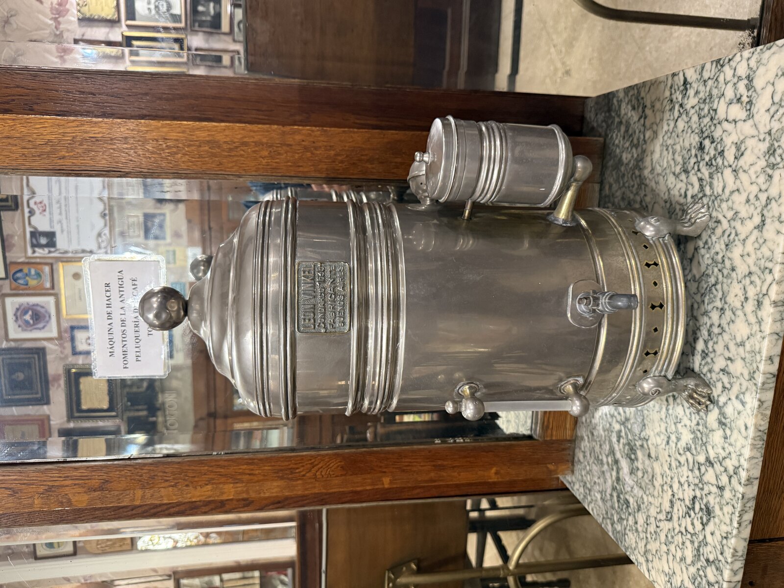 Antique silver coffee urn at Café Tortoni